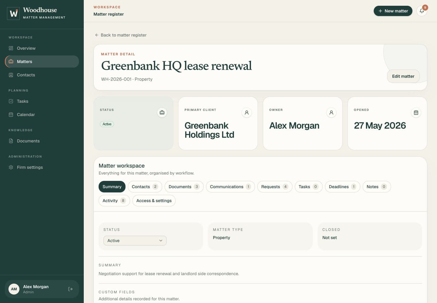 The actual Woodhouse matter workspace, with the owner, client, status and matter sections visible.