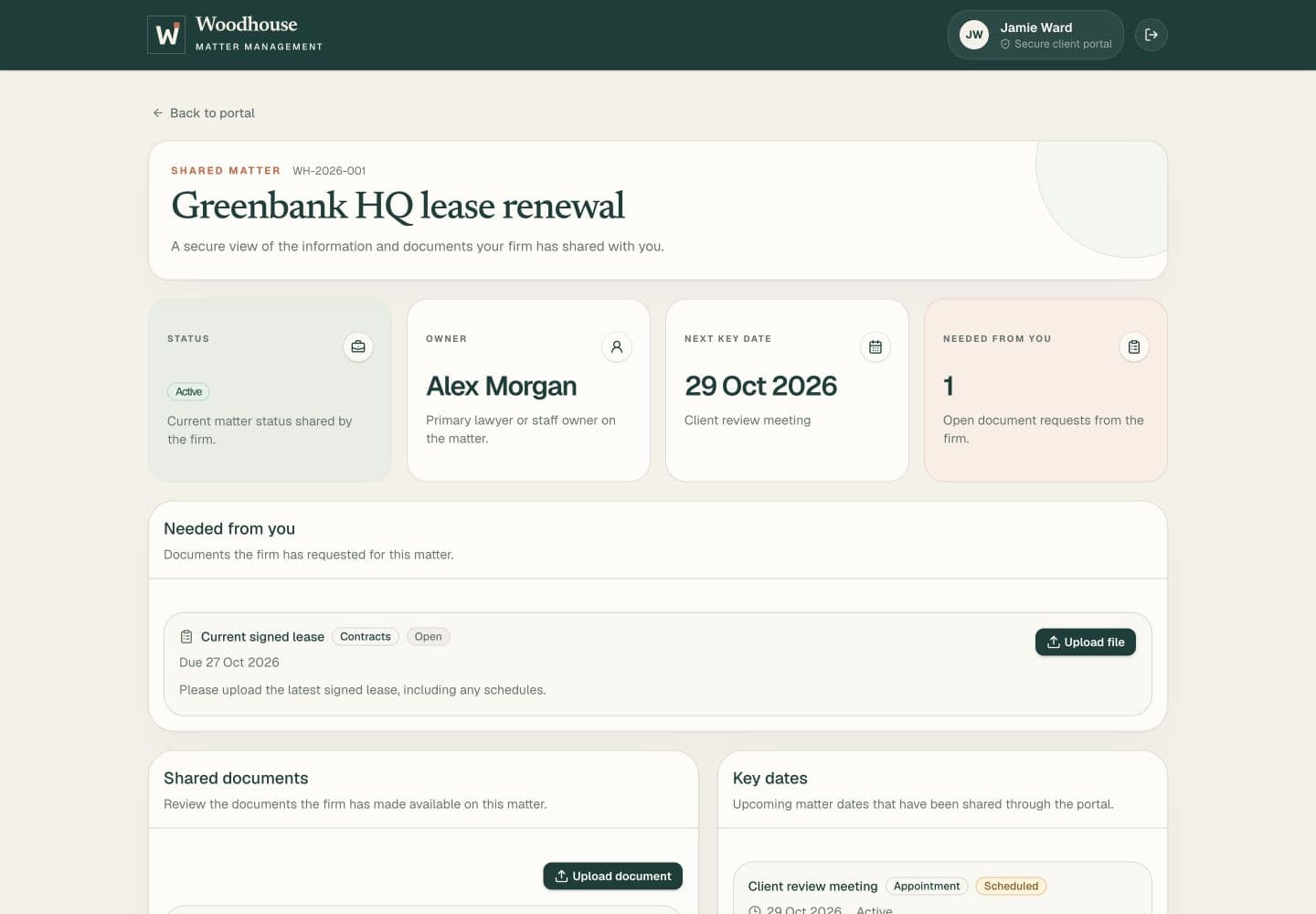 Woodhouse client portal showing requested uploads and shared documents for a matter.