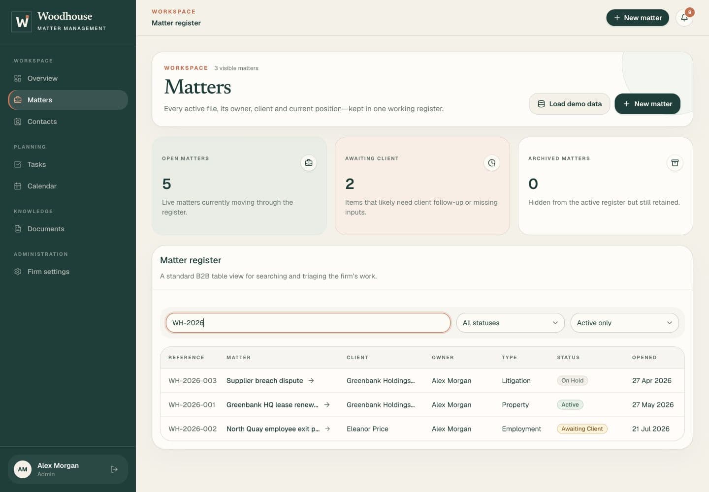 The real Woodhouse matter register, showing matter references, clients, owners and statuses with fictional demo records.